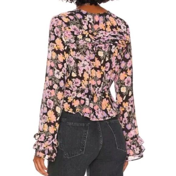 Free People Small Open Maybel Chiffon Blouse in Black Combo Floral - Picture 3 of 4